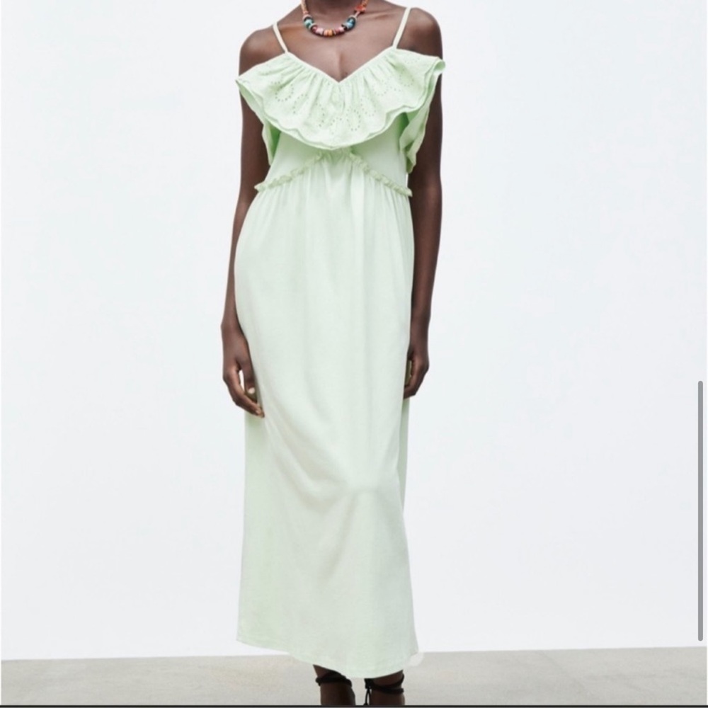 NWT Zara cotton knit embroidered green midi dress Size L